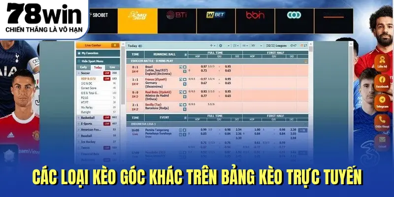 Các loại kèo góc khác trên bảng kèo trực tuyến